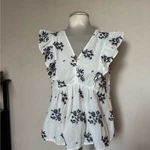 Loft Women's White and Dark Navy Floral Peplum Top Size XS